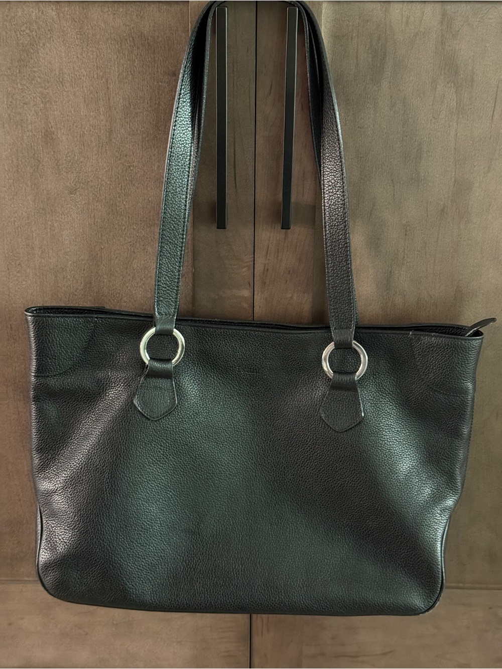 Large Black Leather i santi Tote with Silver Rings